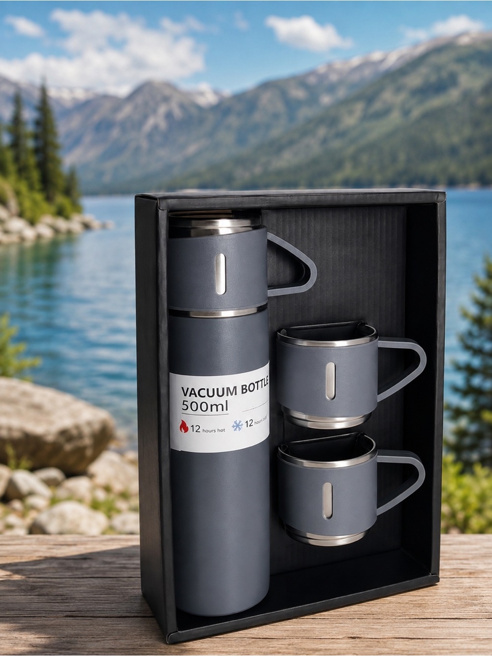 Vacuum Bottle 500ml Insulated Gray Flask with 2 Matching Cups -